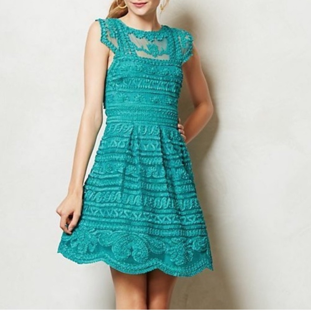 Yoana Baraschi Teal Lace Fit-and-Flare Dress